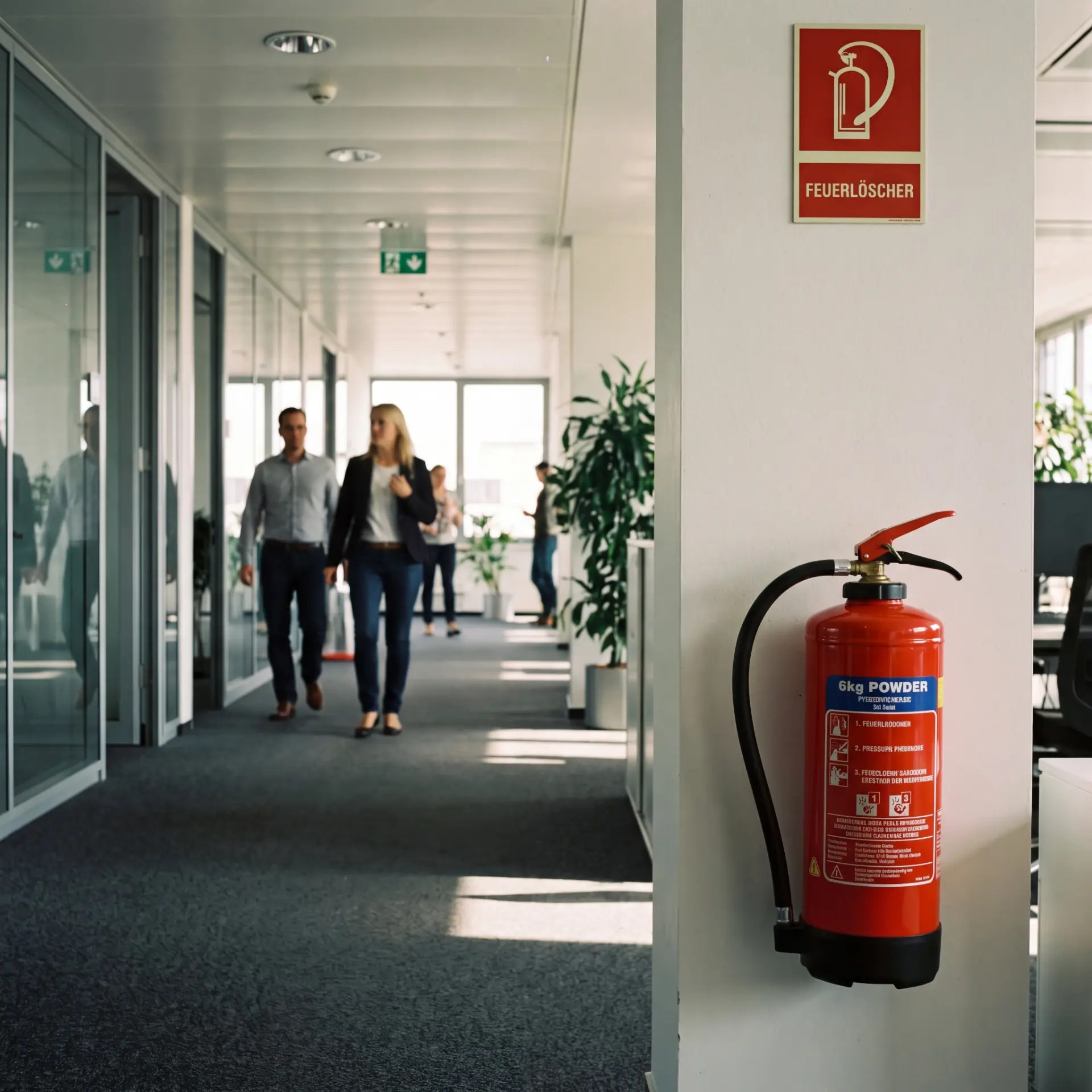 Zugänglicher Feuerlöscher im Flur eines modernen Gebäudes